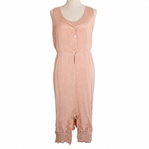 Vintage Peach Linen Blend Embroidered Lace Hem Midi Dress Sleeveless Romanti